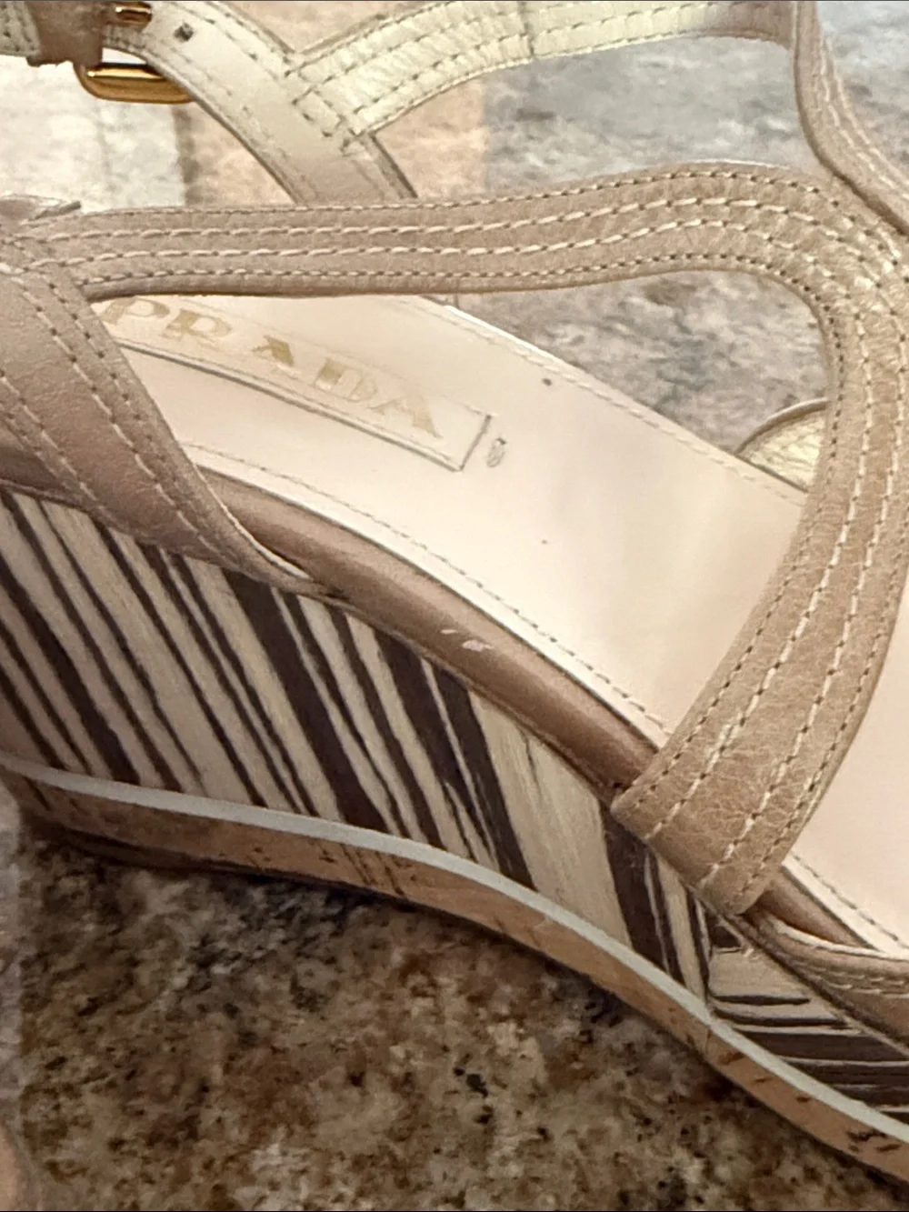 Prada Beige Leather Platform Wedge Sandals Zebra Stripe Cork Slingback 37